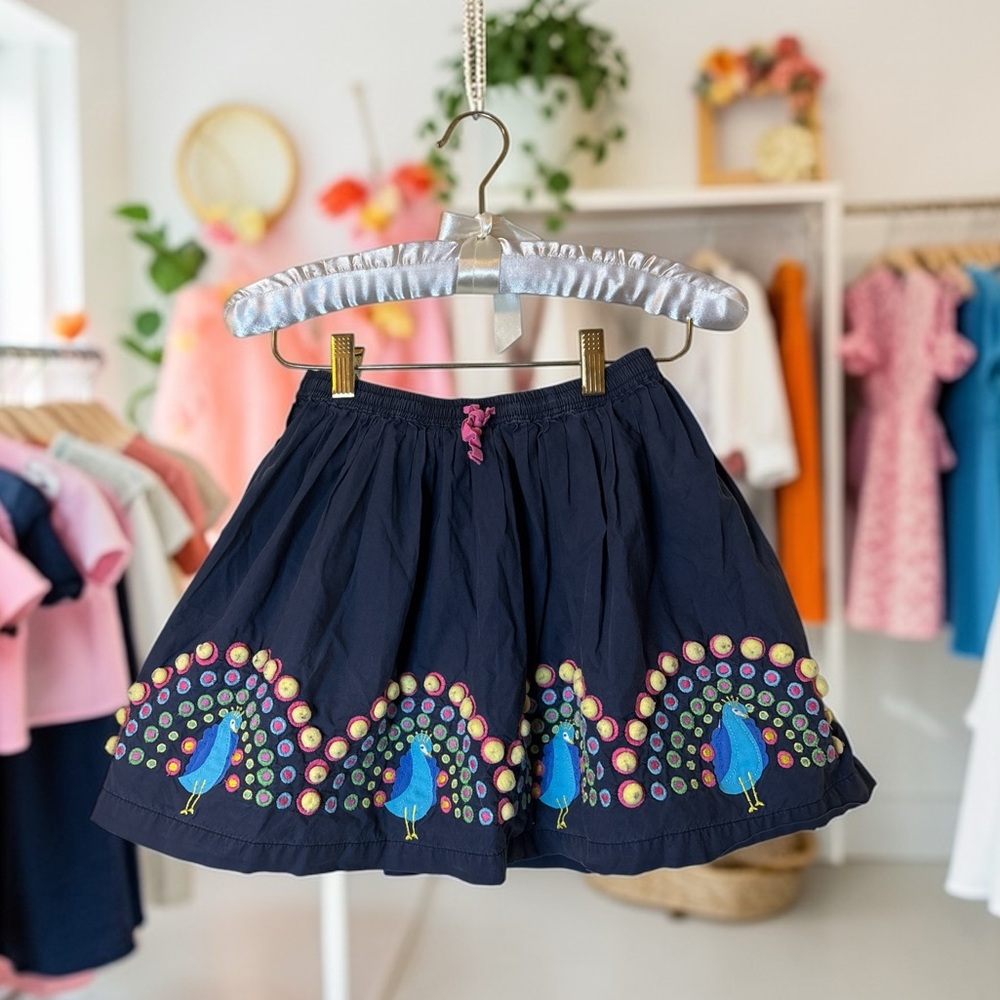 Mini Boden Girls Navy Skirt Peacock Embroidery Sz 9-10 100% Cotton HTF  RARE